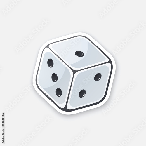Vector illustration. One white dice with contour. Gambling symbol. Cartoon sticker in comics style. Decoration for greeting cards, posters, patches, prints for clothes, emblems