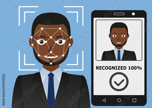 Biometrical identification. Facial recognition system concept. Mobile app for face recognition. African american man. Vector illustration