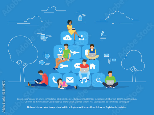 Young men and women sitting on mobile app icons and using smartphone and laptop for reading news and texting message to friends. Flat concept illustration of app addiction on blue background