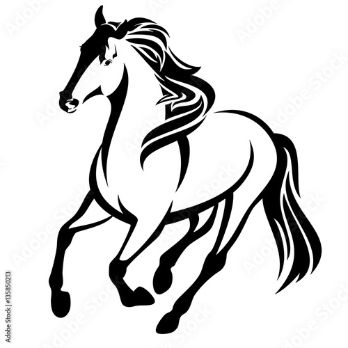 Fototapeta running horse black and white vector outline