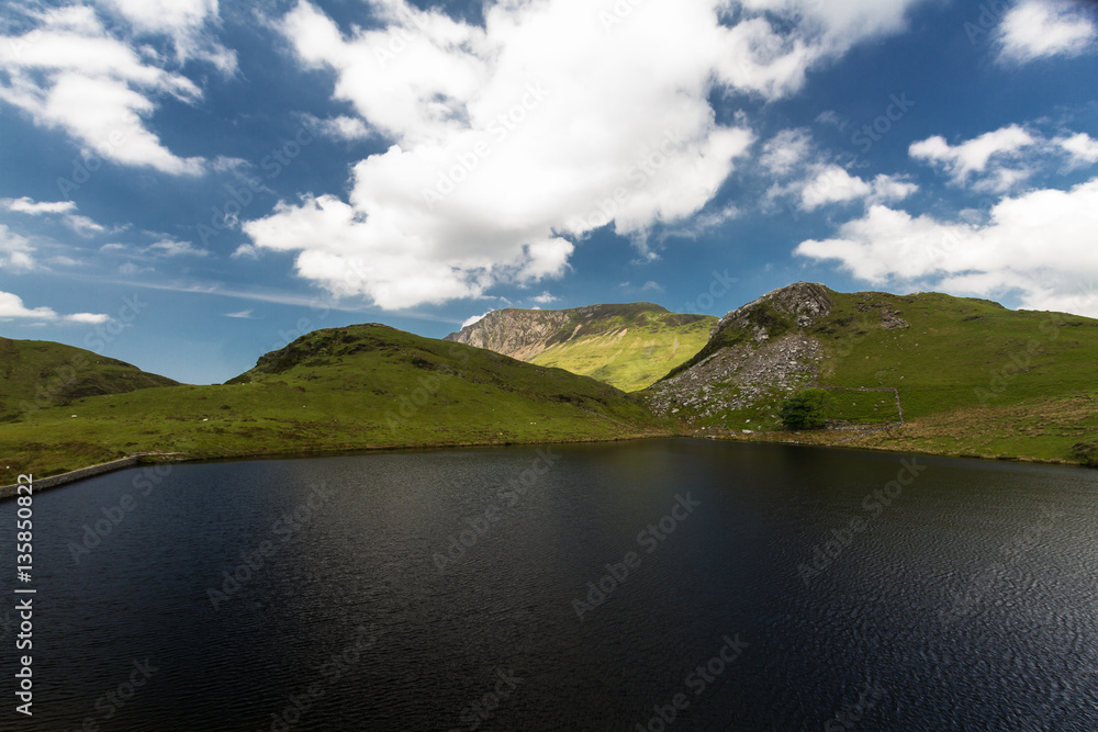 Llyn y Dywarchen Reservoir and mountains beyond, Snowdonia.