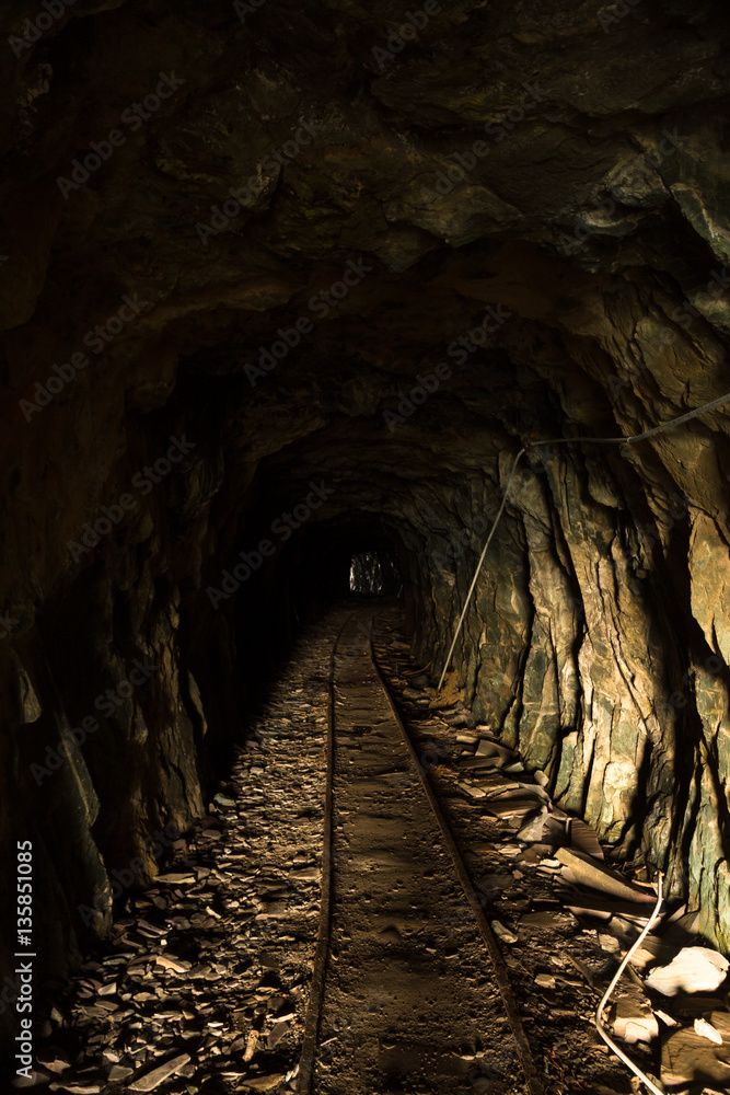 Tunnel in disused mine with rails