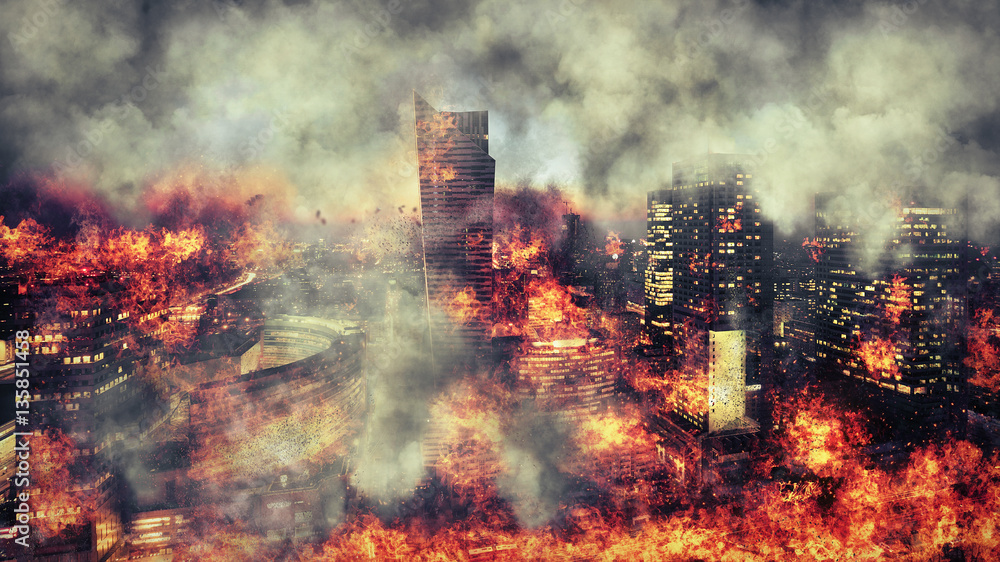 Obraz Apokalipsa. Płonące miasto, abstrakcyjna wizja. Fototapeta