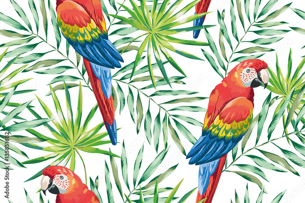 Fototapeta premium Macaw parrots with green palm leaves on the white background. Vector seamless pattern. Tropical illustration with birds and plants.
