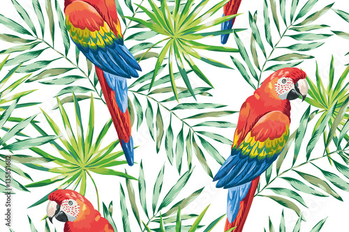 Macaw parrots with green palm leaves on the white background. Vector seamless pattern. Tropical illustration with birds and plants.