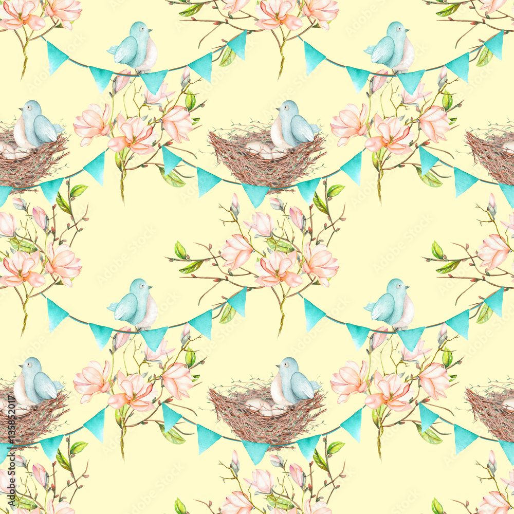 Seamless pattern with birds, nests and eggs on the garlands of the blue flags on spring magnolia tree branches, hand drawn on a light yellow background