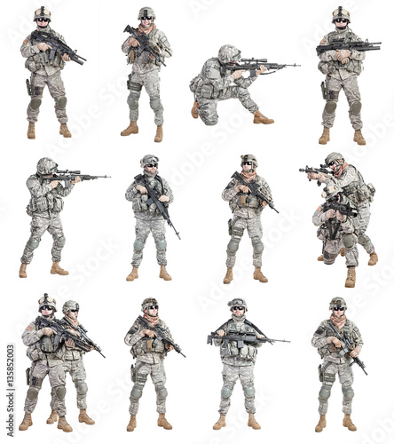 Set of united states paratroopers infantrymen isolated on white background