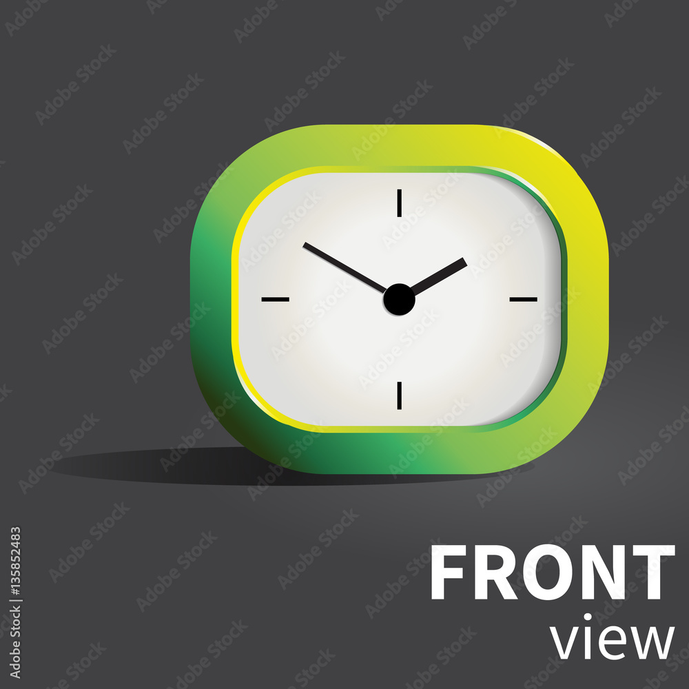 Vector analog realistic desk clock in green palette. Front view object Vector analog realistic desk clock in green palette. Front view object
