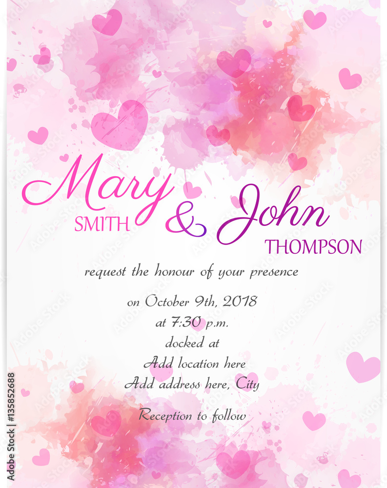 Wedding invitation template with pink hearts