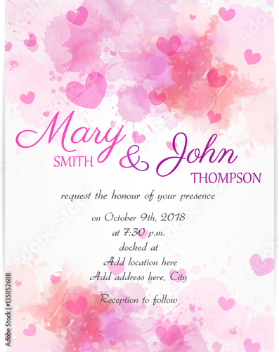 Wedding invitation template with pink hearts