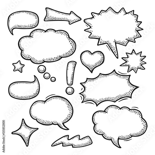 Set speech and thought bubbles. Vintage vector engraving