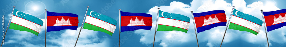 Uzbekistan flag with Cambodia flag, 3D rendering Uzbekistan flag with Cambodia flag, 3D rendering