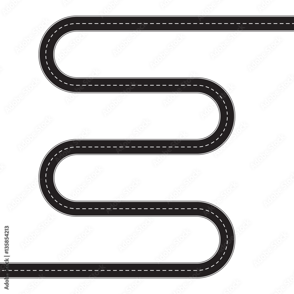 Obraz premium Asphalt road isolated on white background. Vector illustration of winding road. Car traffic design template.