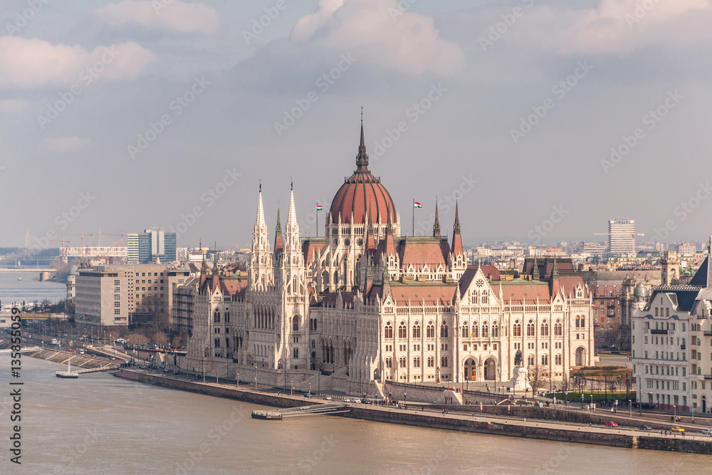 Hungarian Parliament Building on the bank of the Danube in Budapest