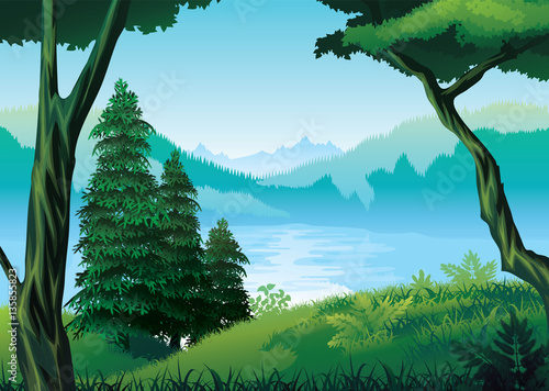 Background of landscape with river, forest and mountains.