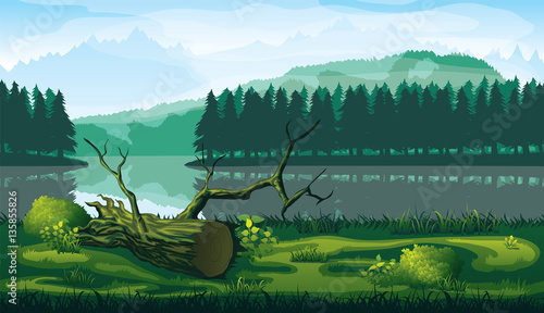 Horizontal seamless background of landscape with river, forest and mountains.