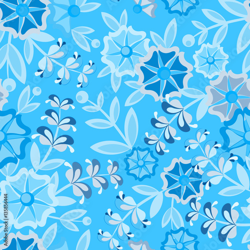 Seamless pattern with flowers and leaves scattered in a chaotic