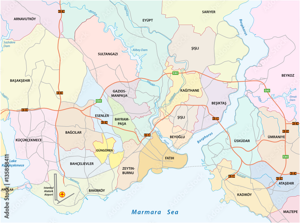 Istanbul city road administrative and political vector map