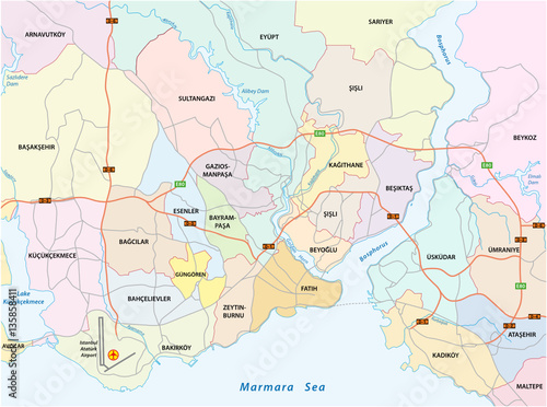 Istanbul city road administrative and political vector map photo