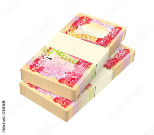 Iraqi dinars bills isolated on white background. 3D illustration.