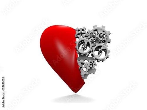 The heart and gears on a white background, 3d render