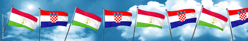 Tajikistan flag with Croatia flag, 3D rendering