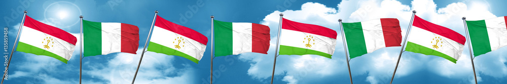 Tajikistan flag with Italy flag, 3D rendering Tajikistan flag with Italy flag, 3D rendering