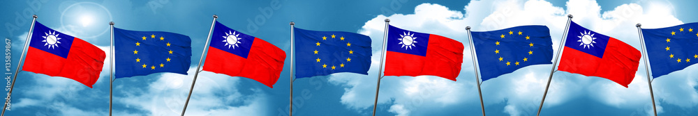 Taiwan flag with european union flag, 3D rendering Taiwan flag with european union flag, 3D rendering