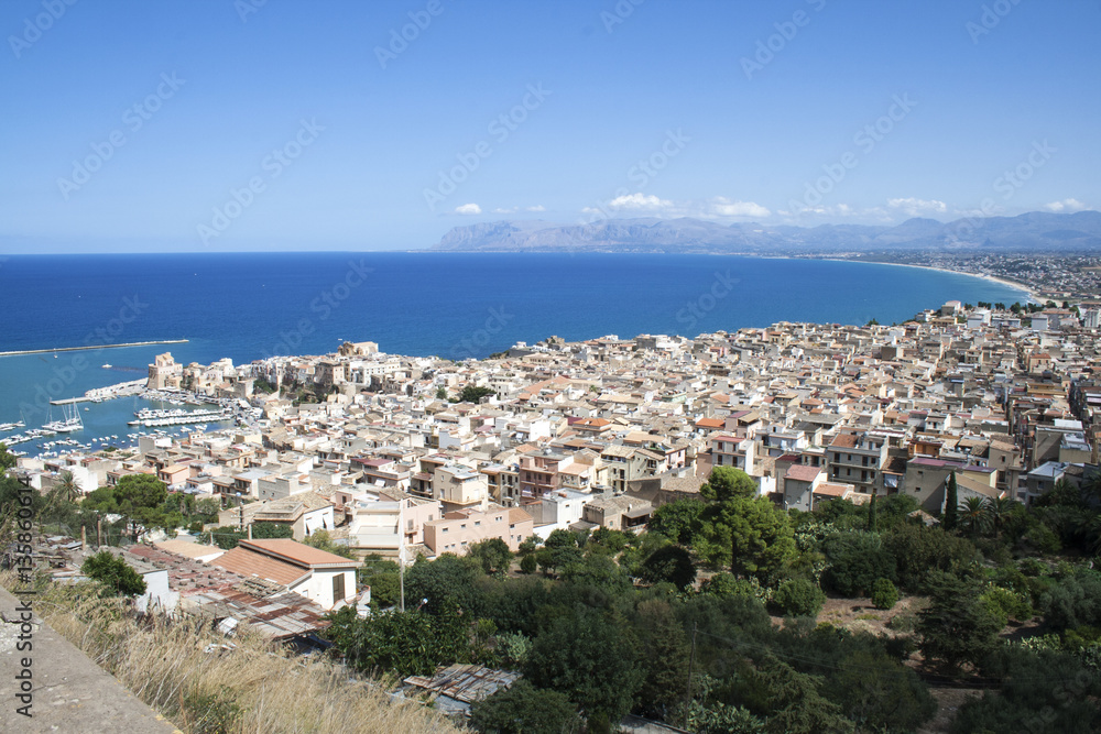 Not far from Troppeto, Castellammare del Golfo, view of the town, marina and ocean from above