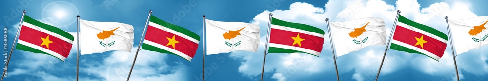 Suriname flag with Cyprus flag, 3D rendering Suriname flag with Cyprus flag, 3D rendering