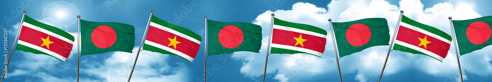 Suriname flag with Bangladesh flag, 3D rendering Suriname flag with Bangladesh flag, 3D rendering