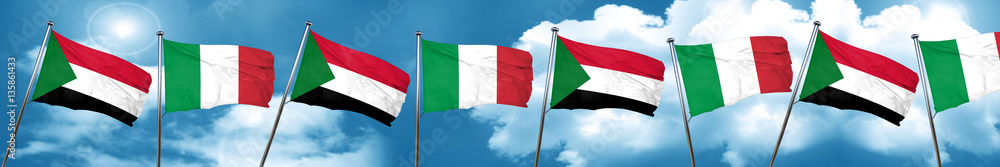 Sudan flag with Italy flag, 3D rendering Sudan flag with Italy flag, 3D rendering