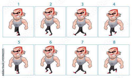 Walking animation of a cartoon angry character in 8 frames in lo