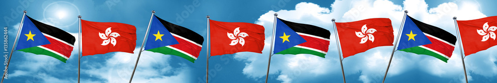 south sudan flag with Hong Kong flag, 3D rendering south sudan flag with Hong Kong flag, 3D rendering