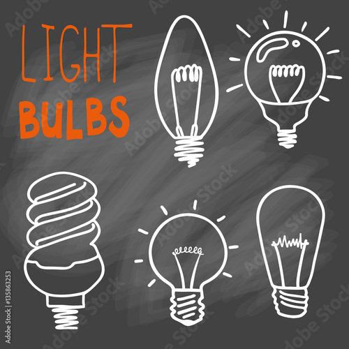 Light bulbs icon set. concept of big ideas inspiration, innovation, invention, effective thinking. CFL lamp. Isolated. Vector illustration. Idea symbol. Vector. sketch . On chalk background