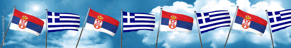 Serbia flag with Greece flag, 3D rendering Serbia flag with Greece flag, 3D rendering