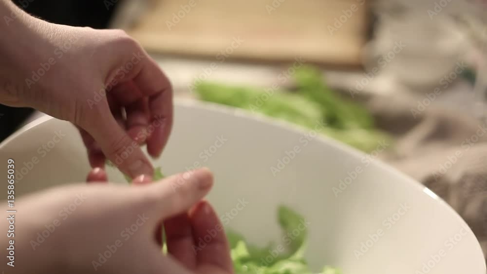 hands tearing green letucce leaves hands tearing green letucce leaves