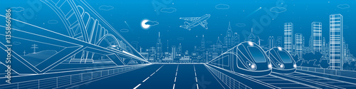 Automobile highway, infrastructure and transportation panorama, airplane fly, train move on the bridge, two locomotives in depot, night city, towers and skyscrapers, urban scene, vector design art