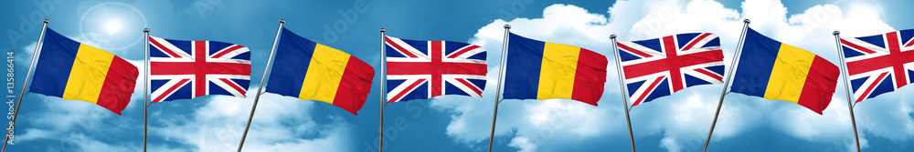 Romania flag with Great Britain flag, 3D rendering Romania flag with Great Britain flag, 3D rendering