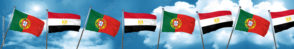 Portugal flag with egypt flag, 3D rendering Portugal flag with egypt flag, 3D rendering