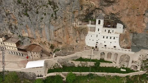 The upper Ostrog monastery houses the Church of the Presentation and the Church of the Holy Cross. Aerial view. Montenegro
