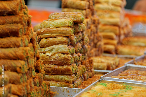 Honey Baklava made in the form of a pyramid, the sweetness 