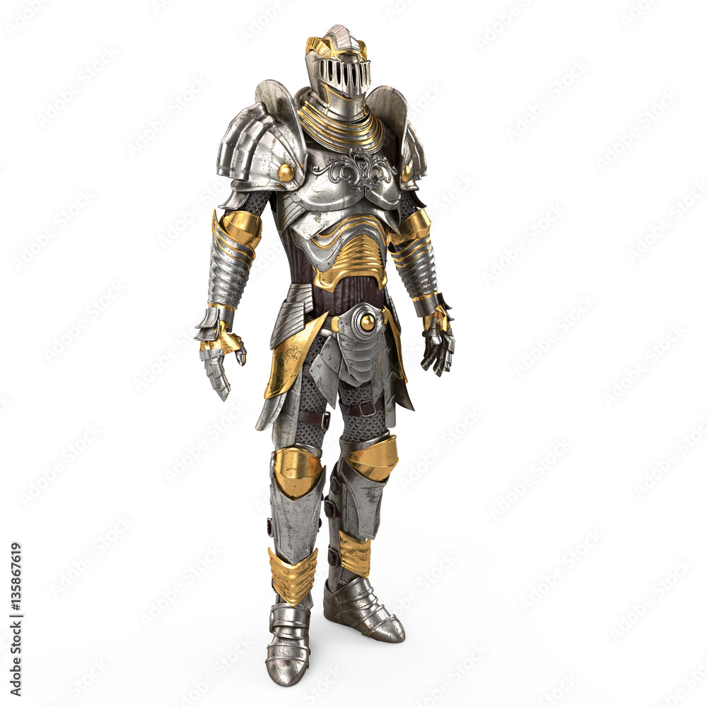 Full medieval iron suit, isolated on a white background. 3d illustration Full medieval iron suit, isolated on a white background. 3d illustration