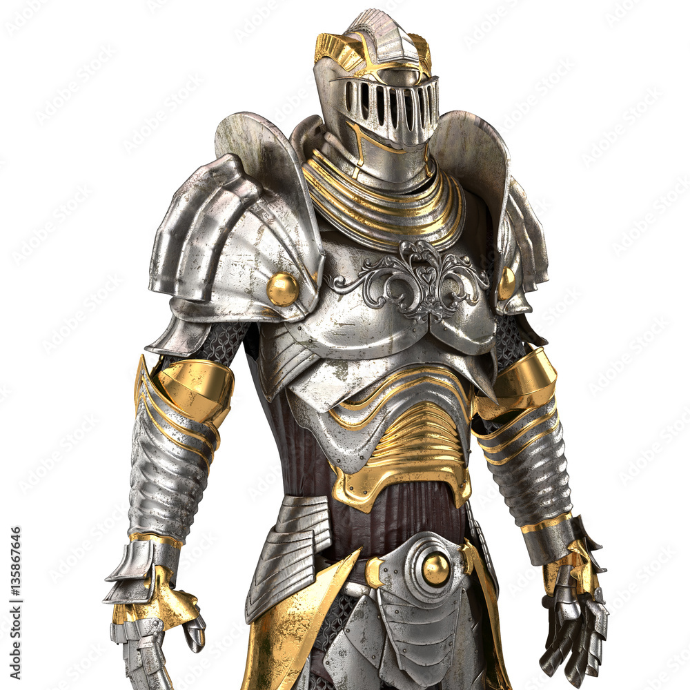 Full medieval iron suit, isolated on a white background. 3d illustration Full medieval iron suit, isolated on a white background. 3d illustration
