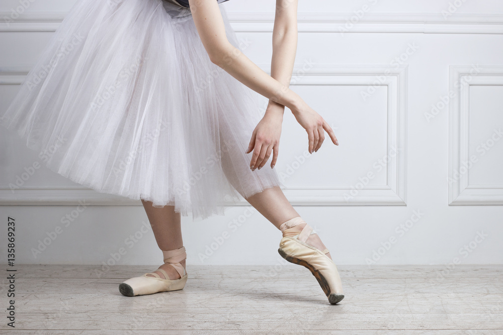 Closeup ballet dancer's legs in pointes and hands Closeup ballet dancer's legs in pointes and hands