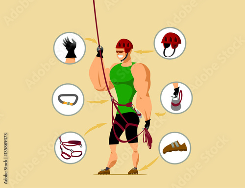 Cartoon style icon info graphic set with climbing equipment.