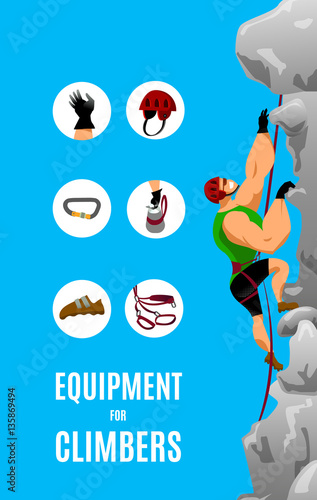 Vector illustration icon set climber with climbing equipment on a steep rock cliff.