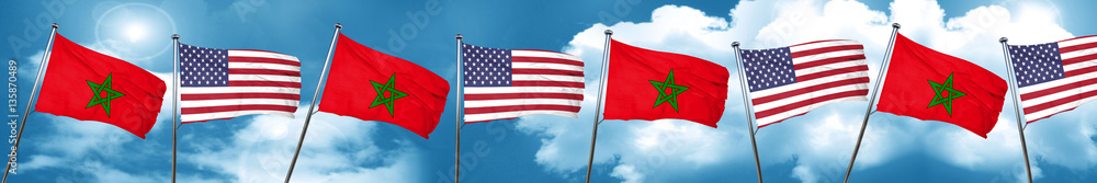 Morocco flag with American flag, 3D rendering Morocco flag with American flag, 3D rendering