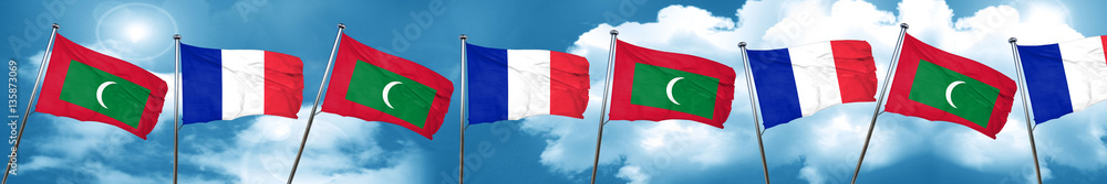 Maldives flag with France flag, 3D rendering