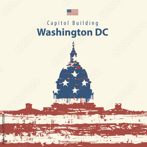 Vector illustration Capitol Building in Washington DC with flag